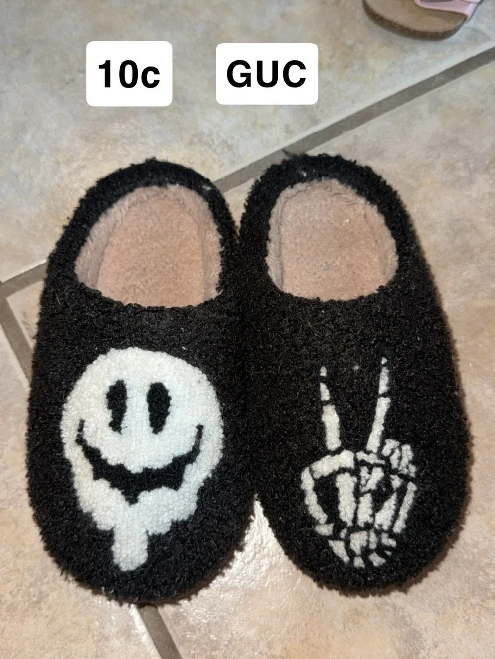 Kids Black Fuzzy Slip-On Shoes with White Smiley & Peace Design